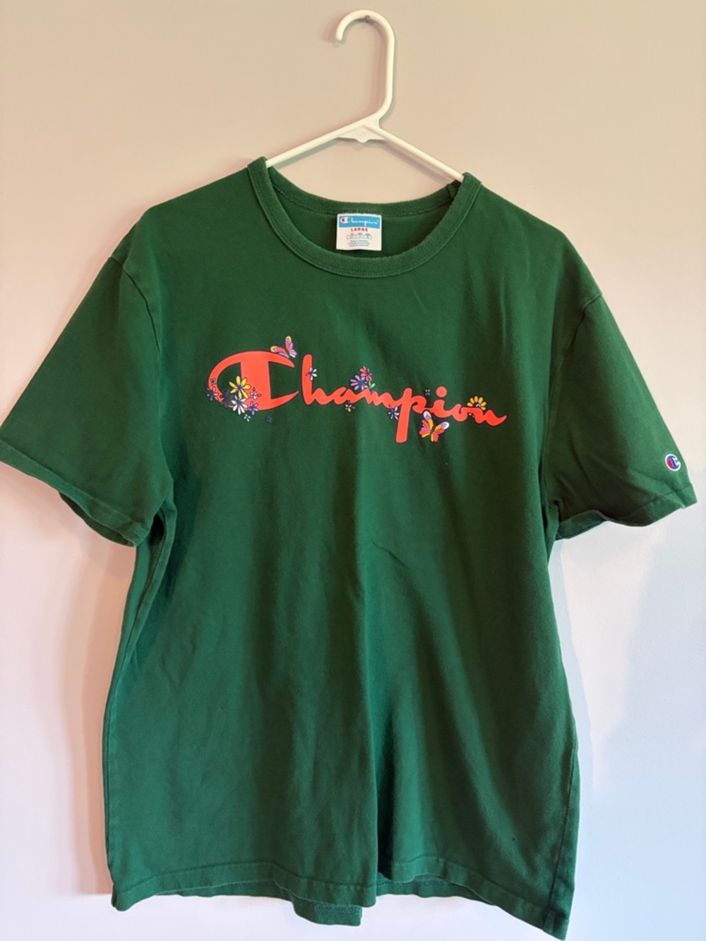 Champion Large Forest Green Tee with Floral Script Logo